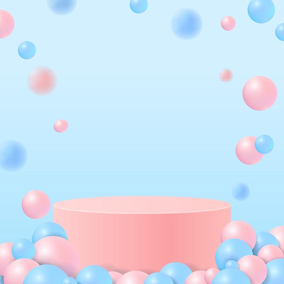 scena minimale con forme geometriche. podi cilindrici in morbido sfondo rosa con foglie di carta su colonna. scena per mostrare prodotto cosmetico, vetrina, vetrina, vetrina. illustrazione vettoriale 3D.