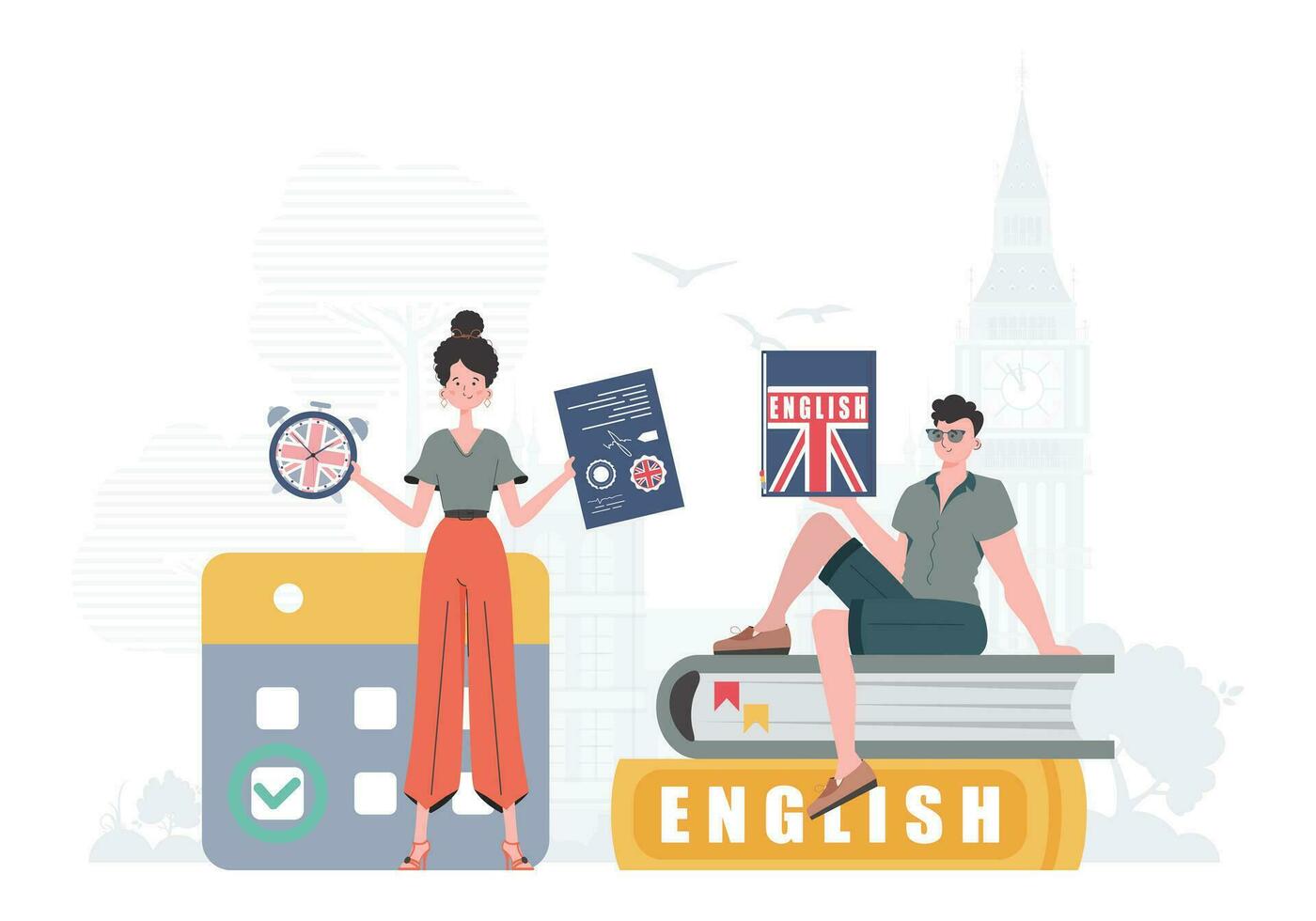 il concetto di apprendimento inglese. donna e uomo inglese insegnanti. di moda cartone animato stile. vettore. vettore