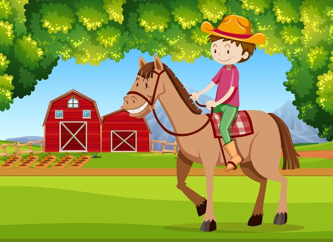 Un ragazzo a cavallo nei terreni agricoli vettore