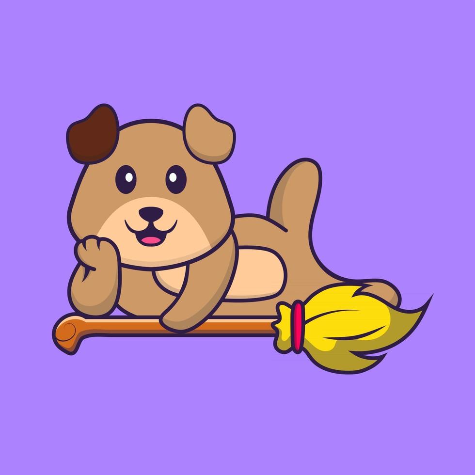 simpatico cane sdraiato sulla scopa magica. concetto animale del fumetto isolato. può essere utilizzato per t-shirt, biglietti di auguri, biglietti d'invito o mascotte. stile cartone animato piatto vettore