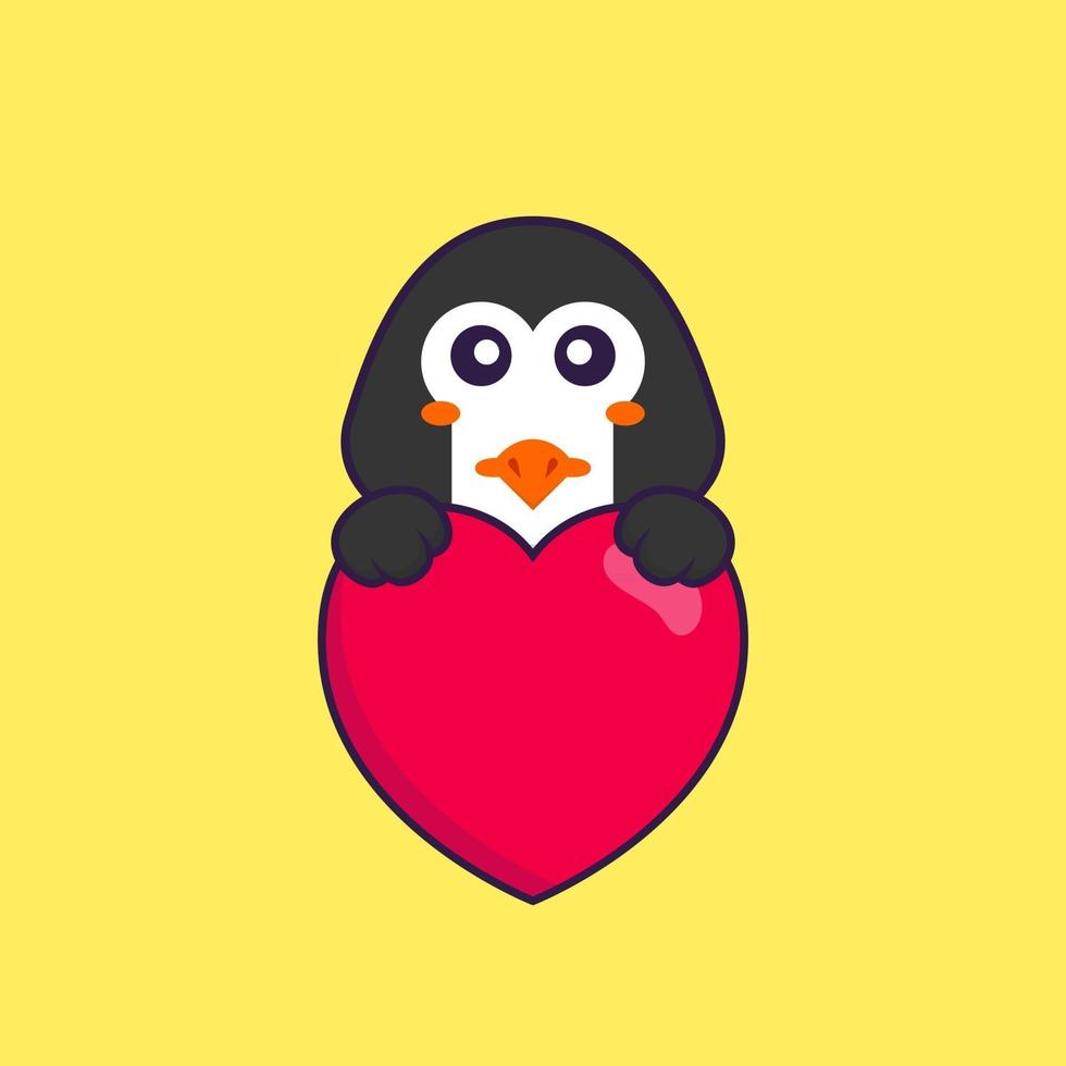 simpatico pinguino che tiene un grande cuore rosso. concetto animale del fumetto isolato. può essere utilizzato per t-shirt, biglietti di auguri, biglietti d'invito o mascotte. stile cartone animato piatto vettore