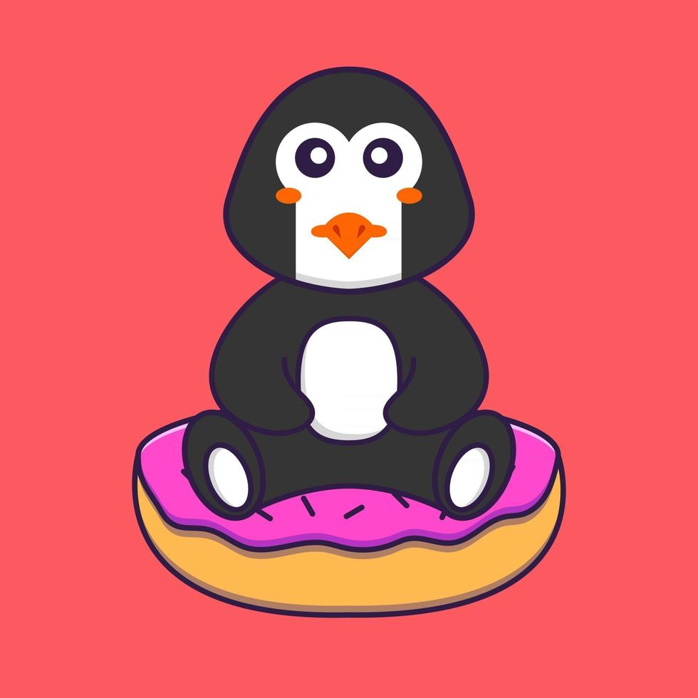 simpatico pinguino è seduto su ciambelle. concetto animale del fumetto isolato. può essere utilizzato per t-shirt, biglietti di auguri, biglietti d'invito o mascotte. stile cartone animato piatto vettore