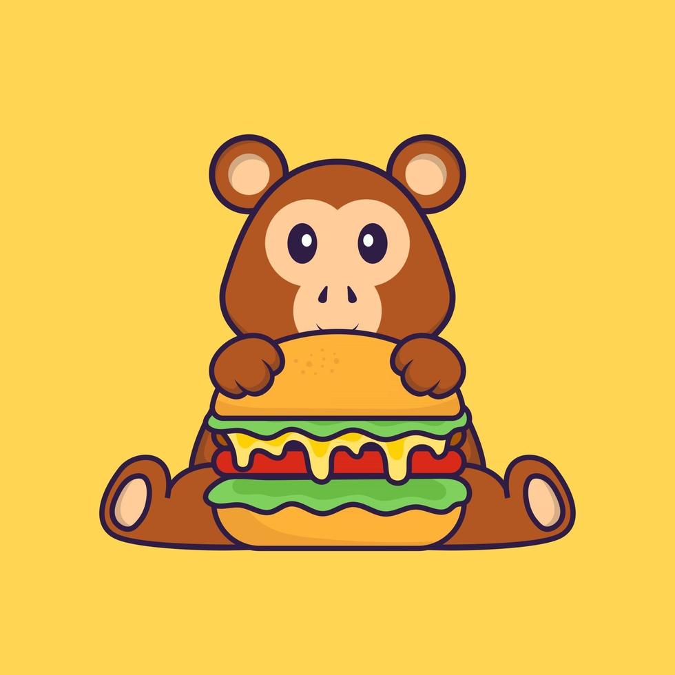 scimmia carina che mangia hamburger. concetto animale del fumetto isolato. può essere utilizzato per t-shirt, biglietti di auguri, biglietti d'invito o mascotte. stile cartone animato piatto vettore