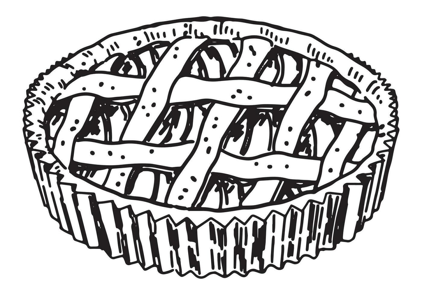 scarabocchio di torta su piatto. schizzo di dolce fatti in casa Pasticcino. mano disegnato vettore illustrazione. singolo clip arte isolato su bianca.