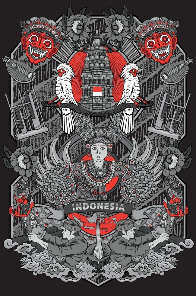 incredibile cultura dell'illustrazione dell'indonesia nel design del telaio vintage vettore