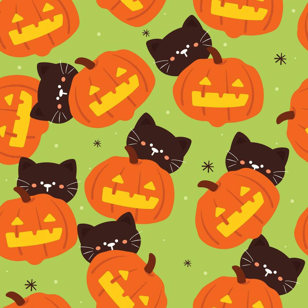 Halloween senza soluzione di continuità modello con cartone animato zucca, gatto, fantasma, e Halloween elemento. carino Halloween sfondo per vacanza tema, regalo avvolgere carta vettore