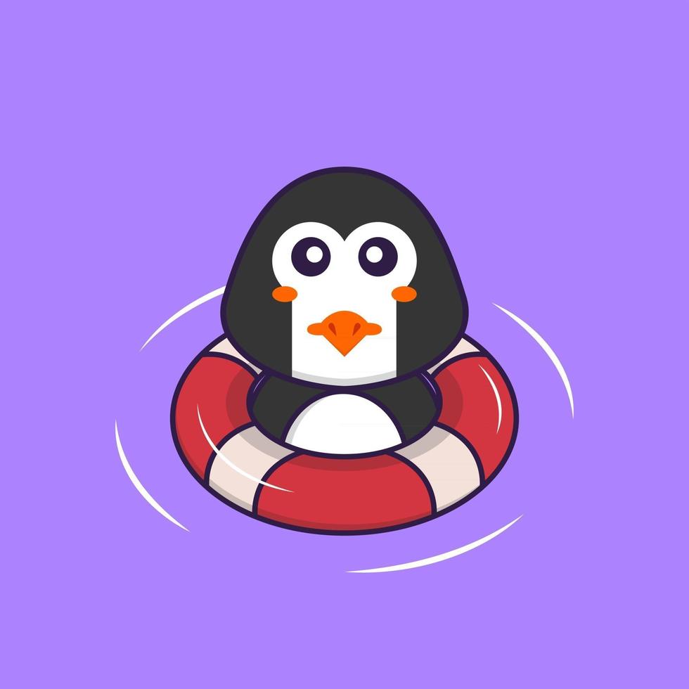simpatico pinguino sta nuotando con una boa. concetto animale del fumetto isolato. può essere utilizzato per t-shirt, biglietti di auguri, biglietti d'invito o mascotte. stile cartone animato piatto vettore
