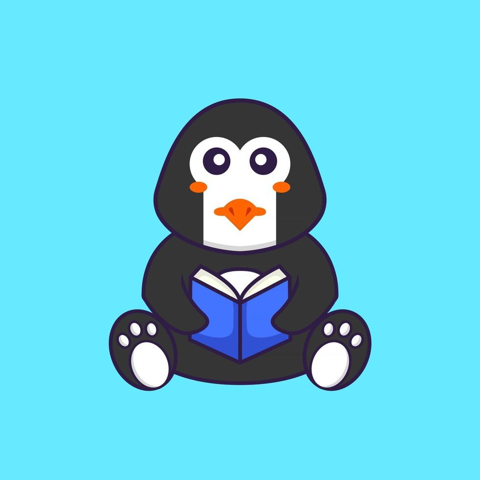 simpatico pinguino che legge un libro. concetto animale del fumetto isolato. può essere utilizzato per t-shirt, biglietti di auguri, biglietti d'invito o mascotte. stile cartone animato piatto vettore