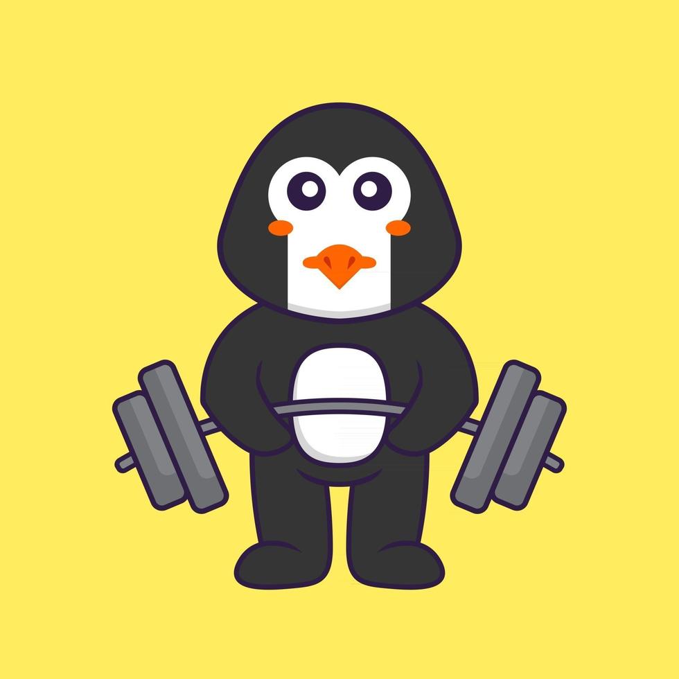 simpatico pinguino solleva il bilanciere. concetto animale del fumetto isolato. può essere utilizzato per t-shirt, biglietti di auguri, biglietti d'invito o mascotte. stile cartone animato piatto vettore