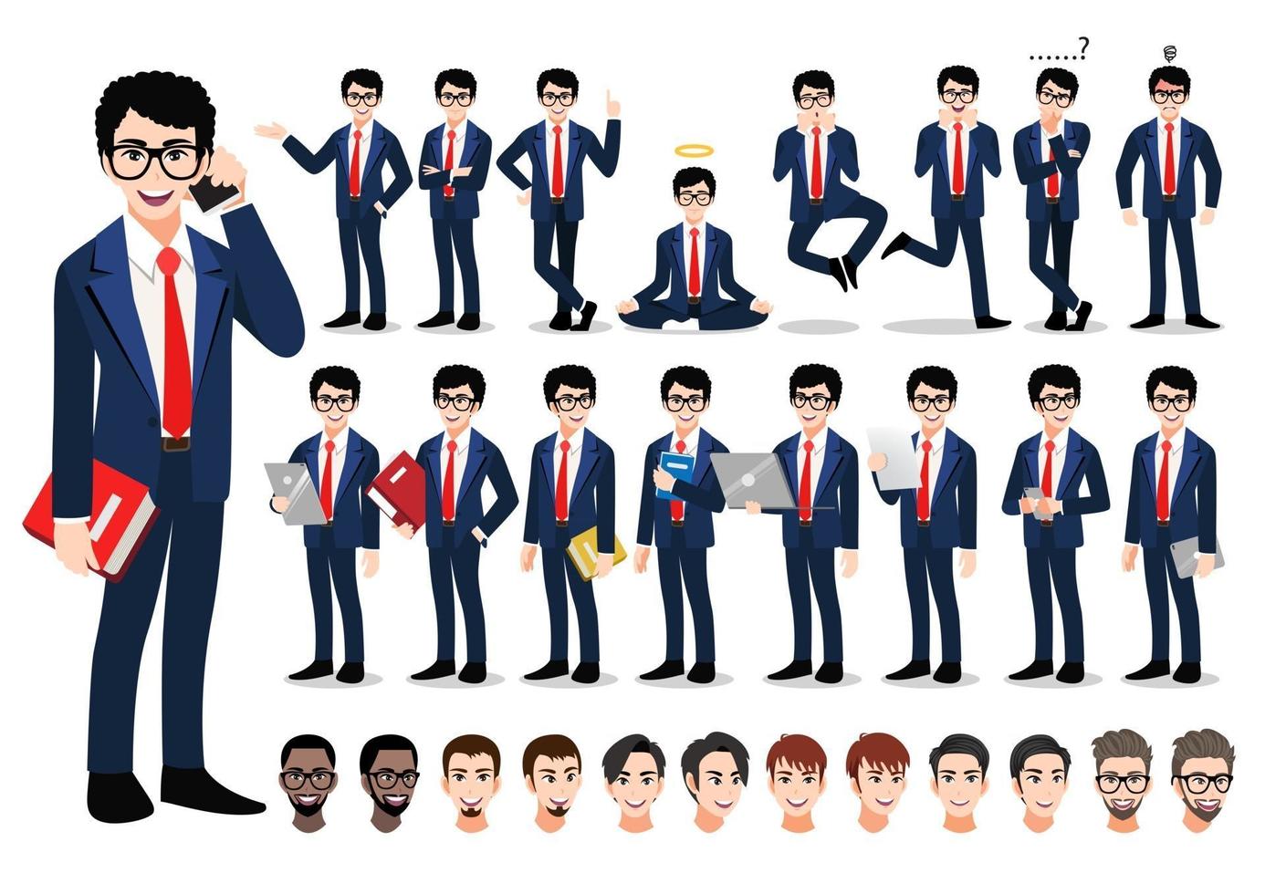set di personaggi dei cartoni animati di uomo d'affari. bell'uomo d'affari in abito intelligente stile ufficio. illustrazione vettoriale