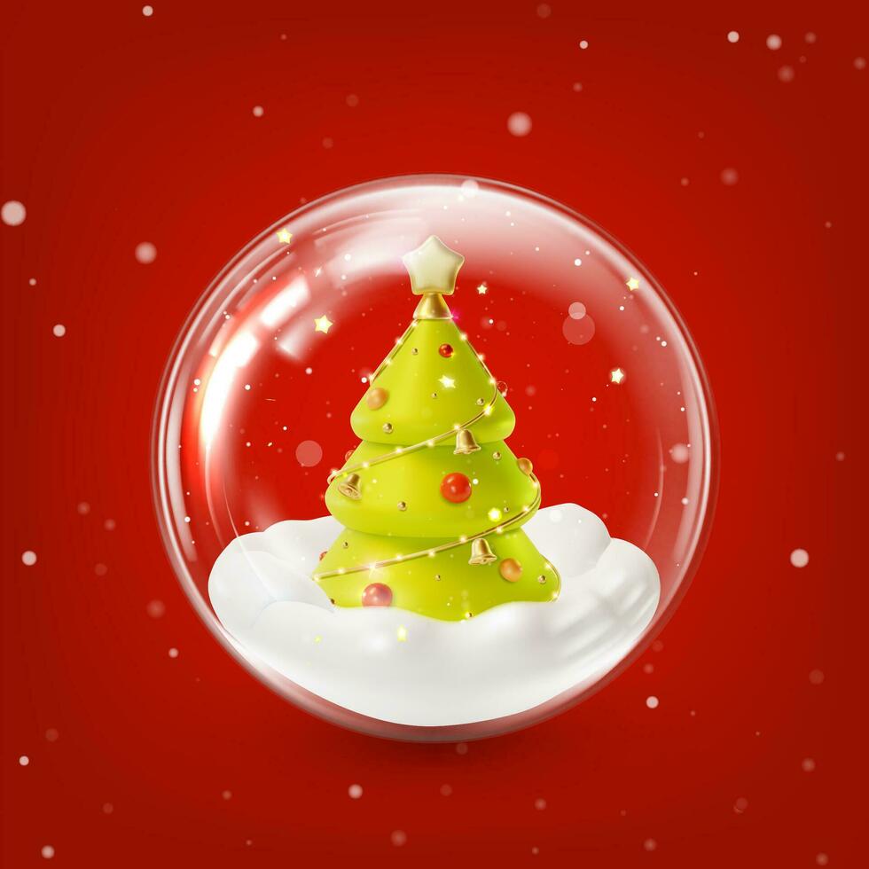 3d allegro Natale e contento nuovo anno concetto decorazione bicchiere palla trasparente dentro natale albero cartone animato stile. vettore