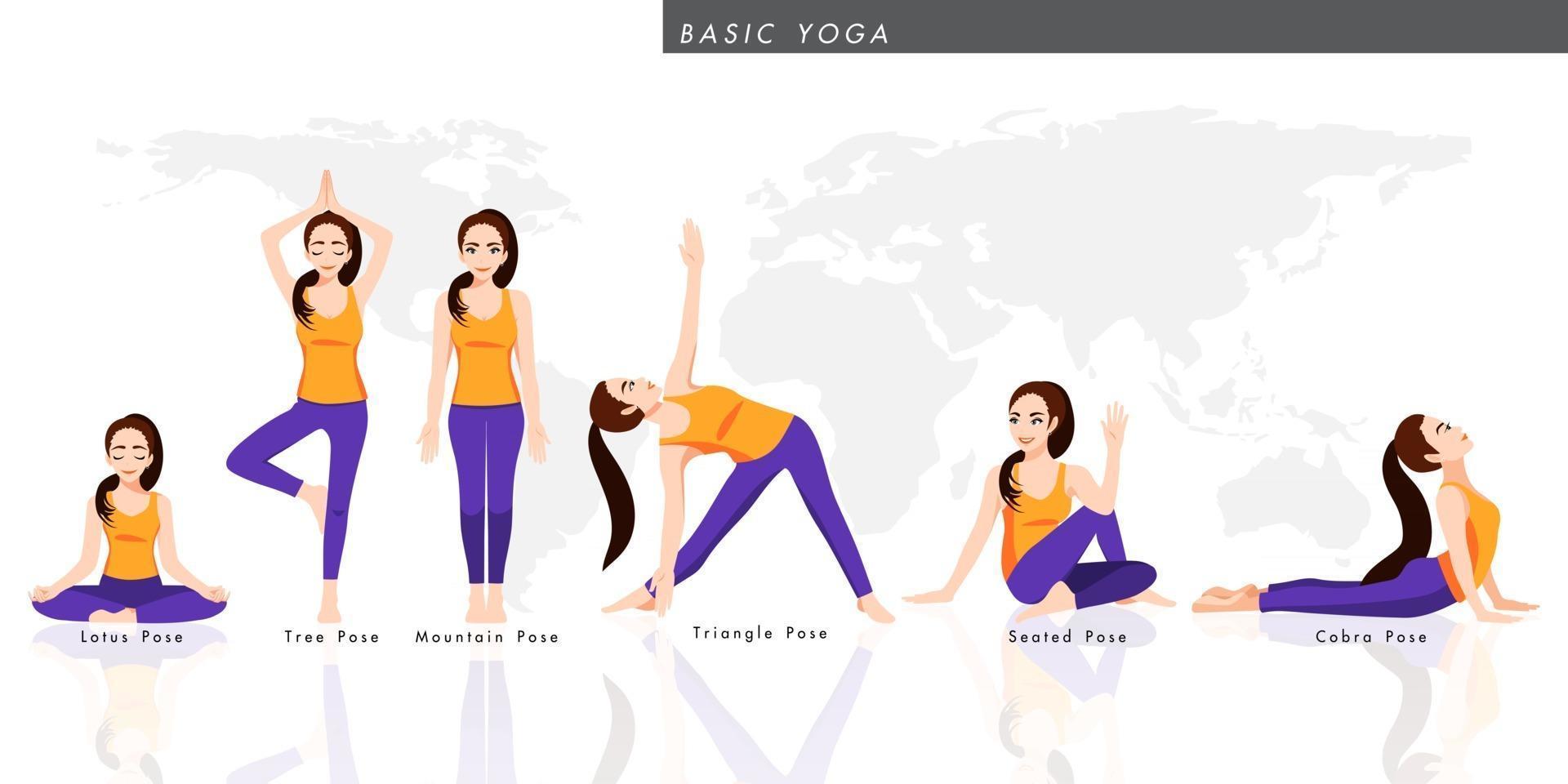 personaggio dei cartoni animati con una raccolta di yoga di base. femmina che pratica sei posa yoga, stile di vita sano in illustrazione vettoriale di design piatto icona