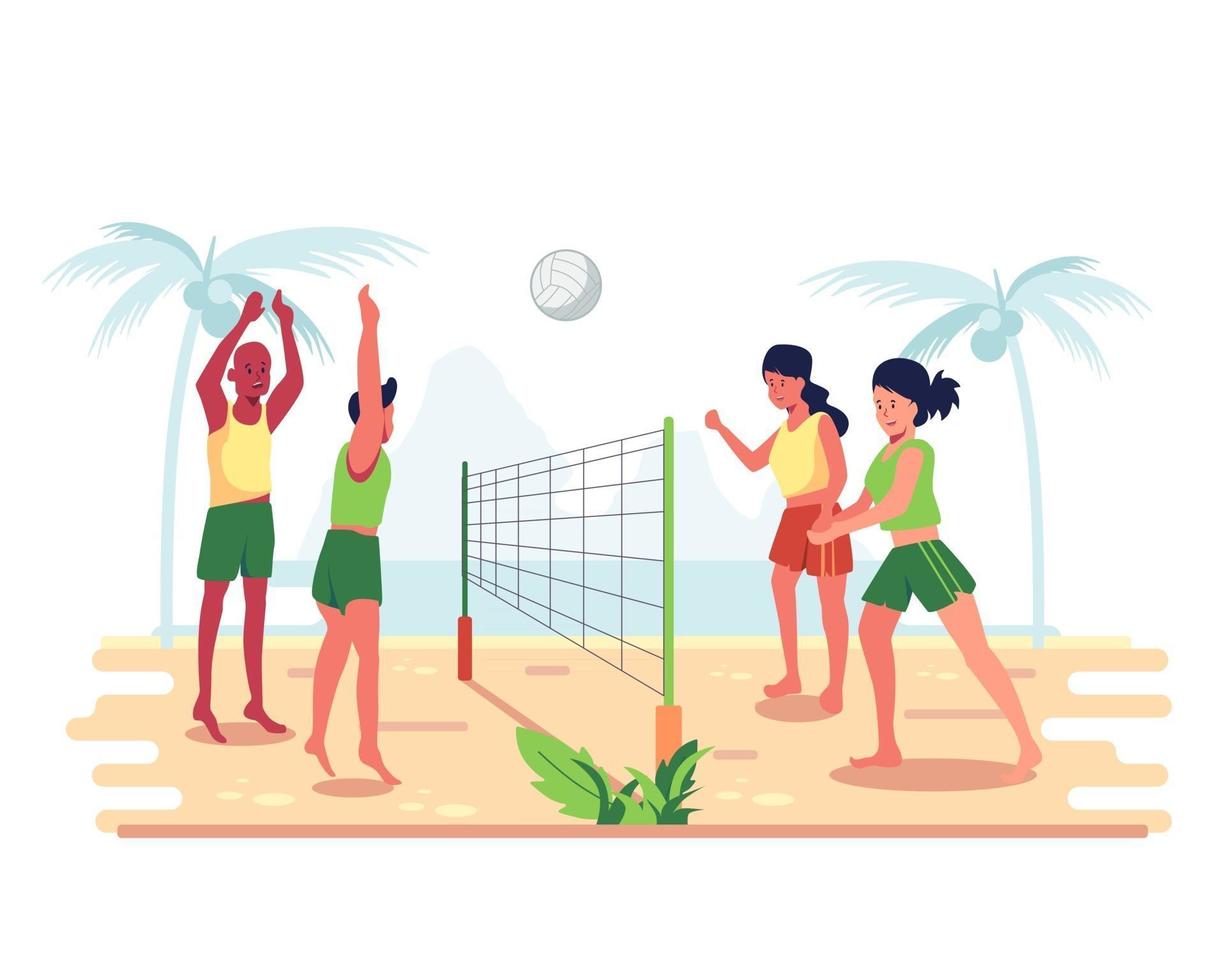 giovani felici che giocano a beach volley in riva al mare vettore