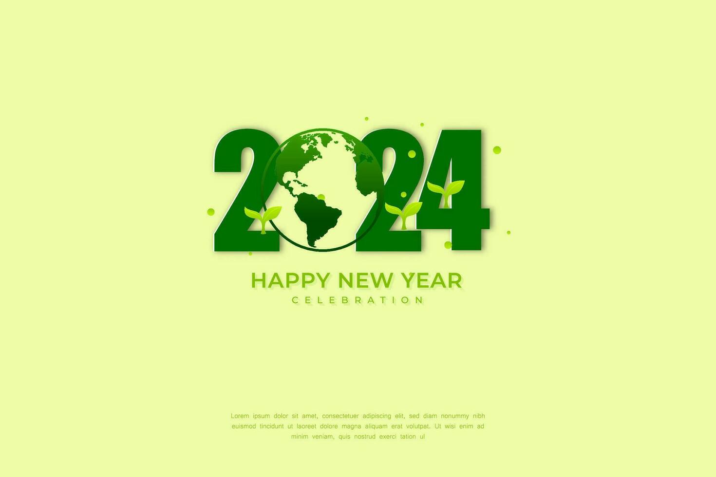 contento nuovo anno 2024. festivo realistico decorazione con partire verde sfondo e terra, per celebrare 2024 festa e manifesto vettore