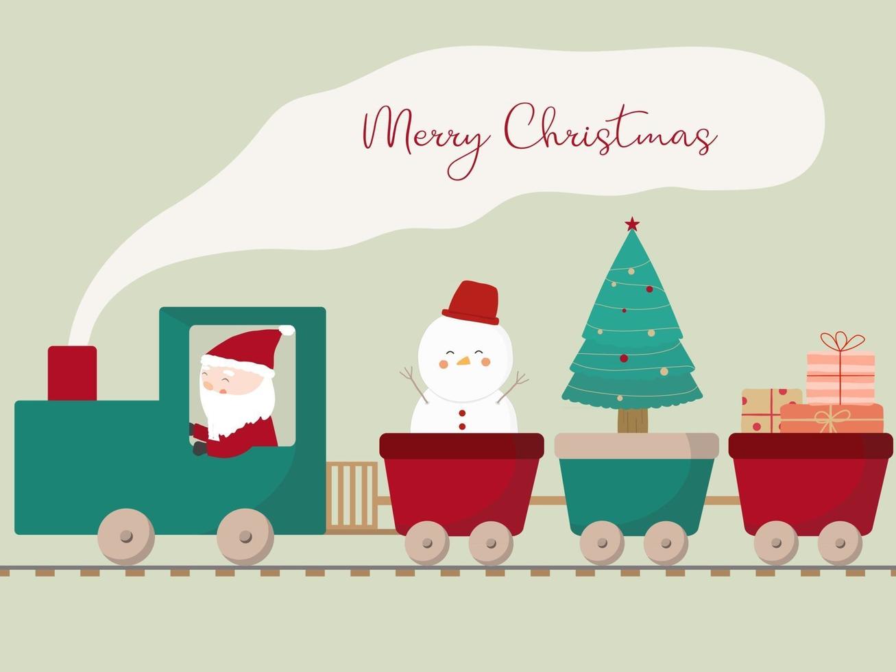 buon natale in un treno guidato da babbo natale. con un albero di Natale, un pupazzo di neve e una confezione regalo in un vagone vettore