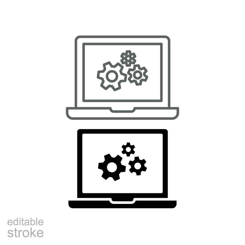 ambientazione parametri, il computer portatile linea e glifo icona. tenere sotto controllo e ingranaggi, regolazione App opzioni, Manutenzione, riparazione, fissaggio tenere sotto controllo. modificabile ictus vettore illustrazione design su bianca sfondo eps 1