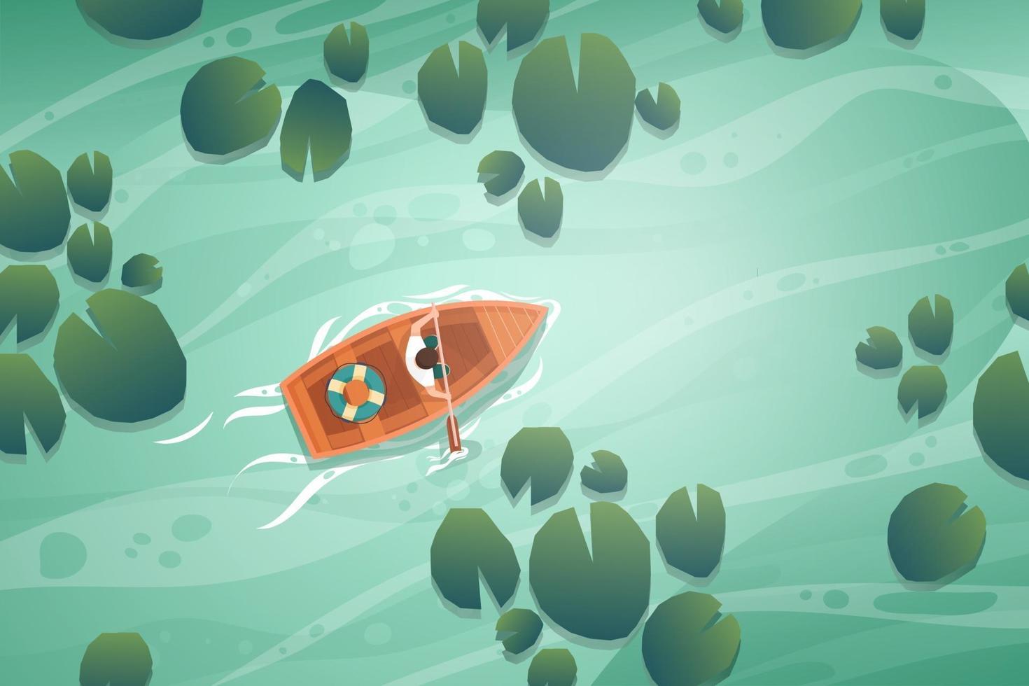 paesaggio natura canale e barca cartone animato vettore