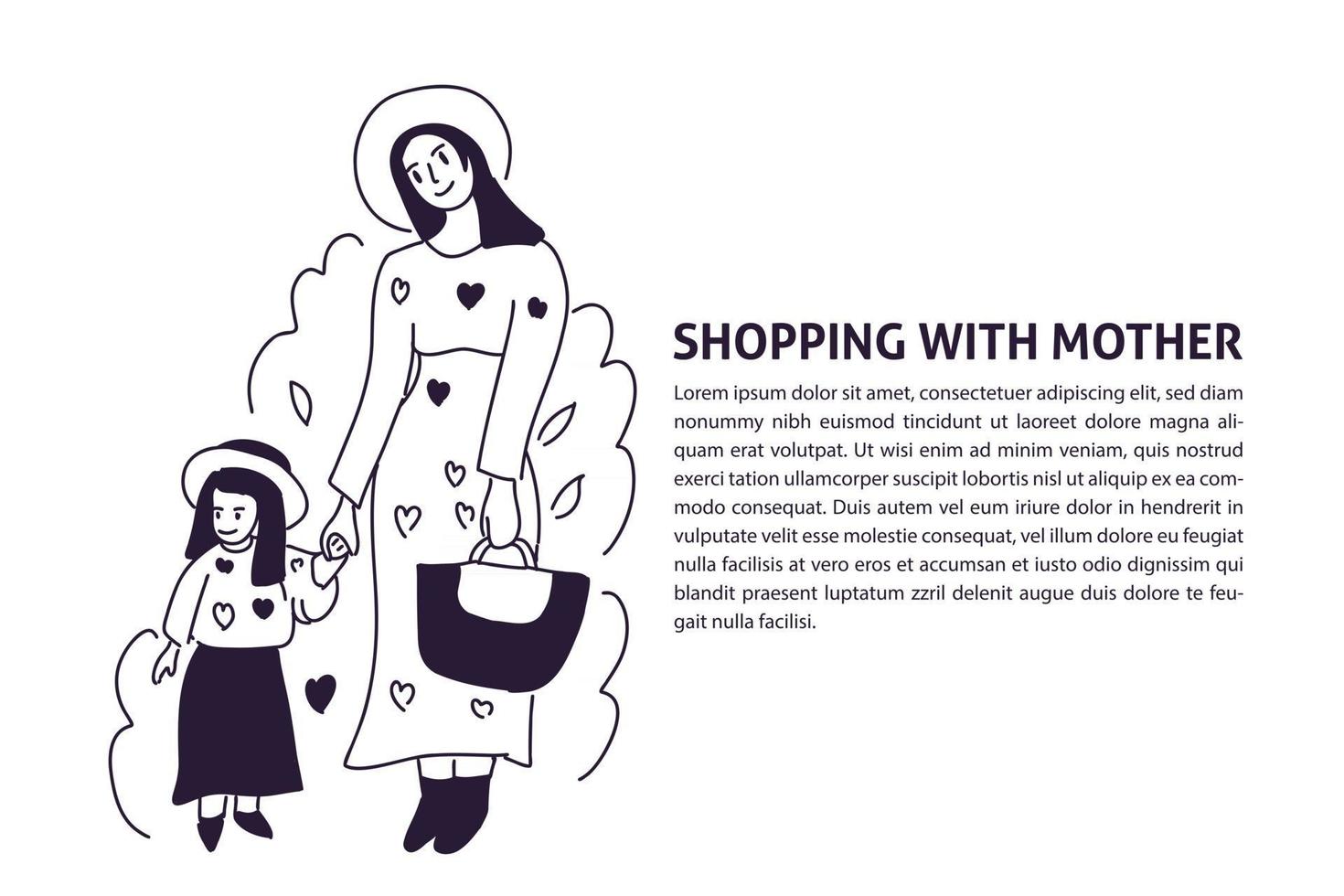 illustrazione disegnata a mano di mamma e bambini in stile shopping shopping vettore