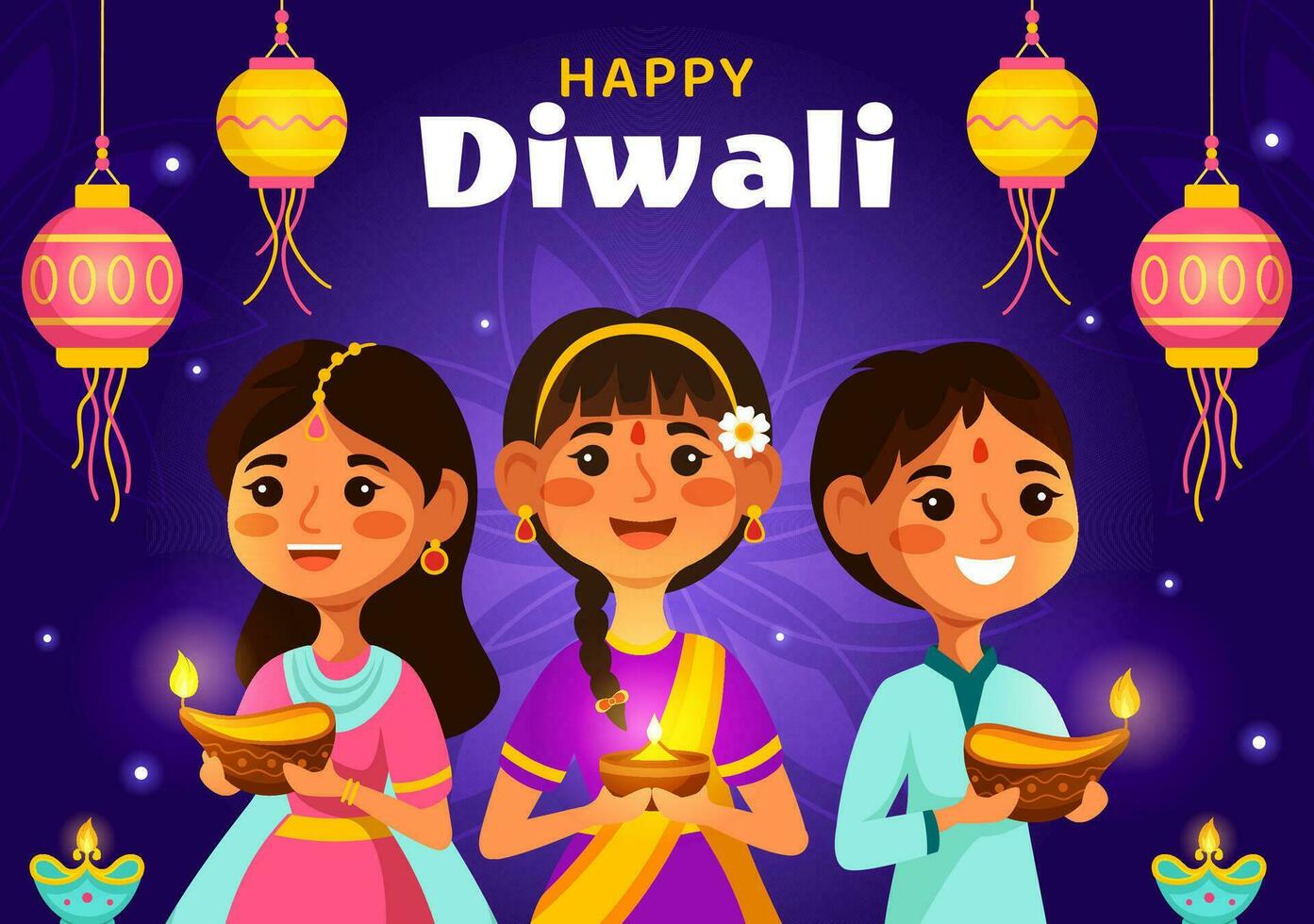 contento Diwali indù vettore illustrazione con indiano rangoli e fuochi d'artificio sfondo per leggero Festival di India nel piatto bambini cartone animato design