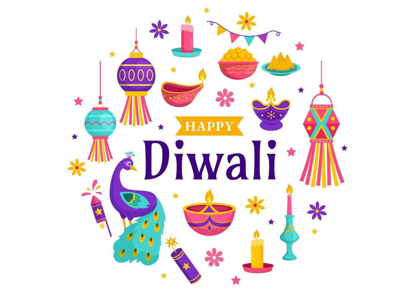 contento Diwali indù vettore illustrazione con indiano rangoli e fuochi d'artificio sfondo per leggero Festival di India nel piatto bambini cartone animato design