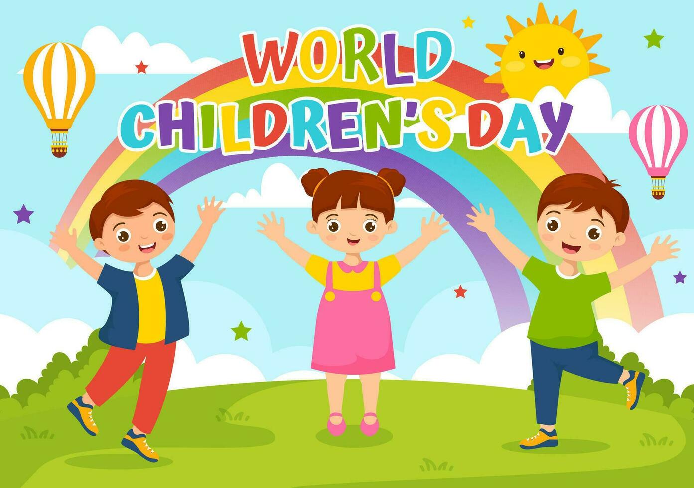 mondo figli di giorno vettore illustrazione su 20 novembre con bambini e arcobaleno nel bambini celebrazione cartone animato luminosa cielo blu sfondo design