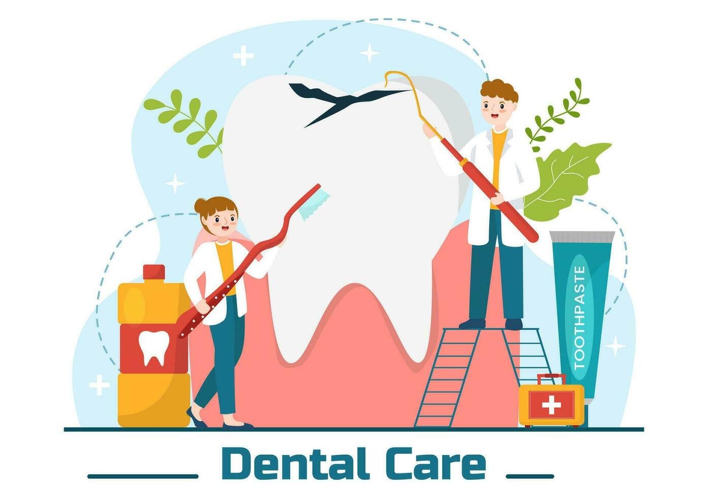 dentale cura vettore illustrazione con dentista trattamento umano denti e pulizia utilizzando medico attrezzatura nel assistenza sanitaria piatto cartone animato sfondo design
