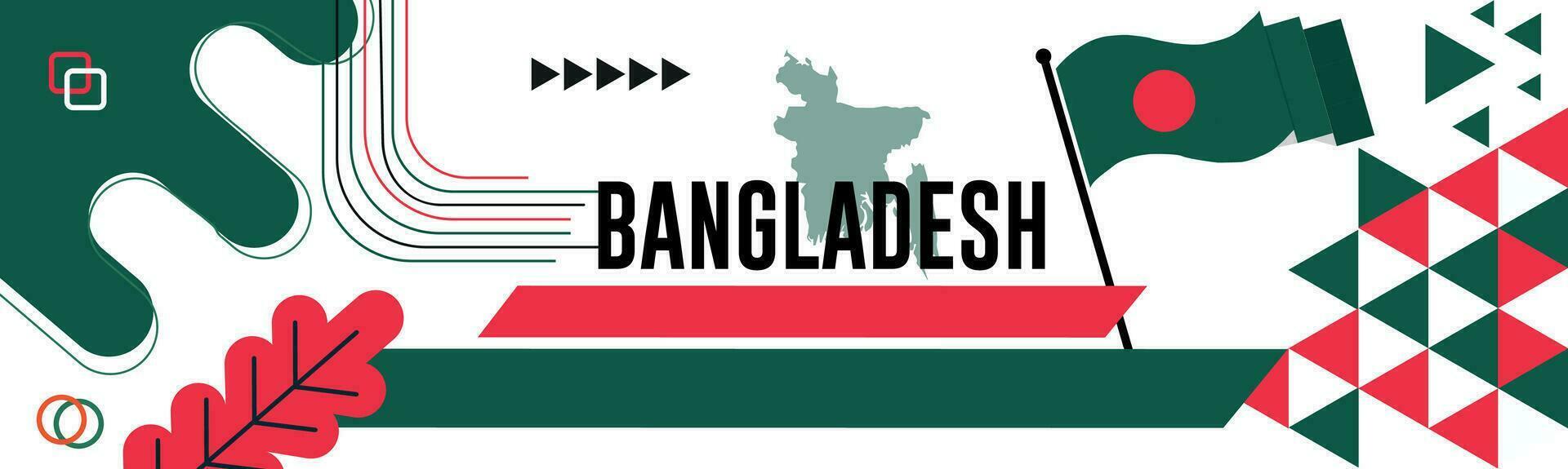 bangladesh nazionale giorno bandiera con carta geografica, bandiera colori tema sfondo e geometrico astratto retrò moderno colorfull design con sollevato mani o pugni. vettore