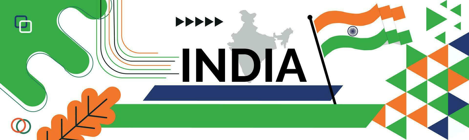 India nazionale giorno bandiera con carta geografica, bandiera colori tema sfondo e geometrico astratto retrò moderno colorfull design con sollevato mani o pugni. vettore