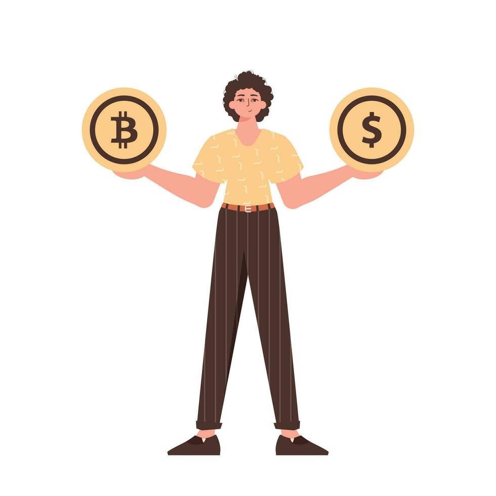 un' uomo detiene un' moneta di bitcoin e dollaro nel il suo mani. personaggio nel moderno di moda stile. vettore