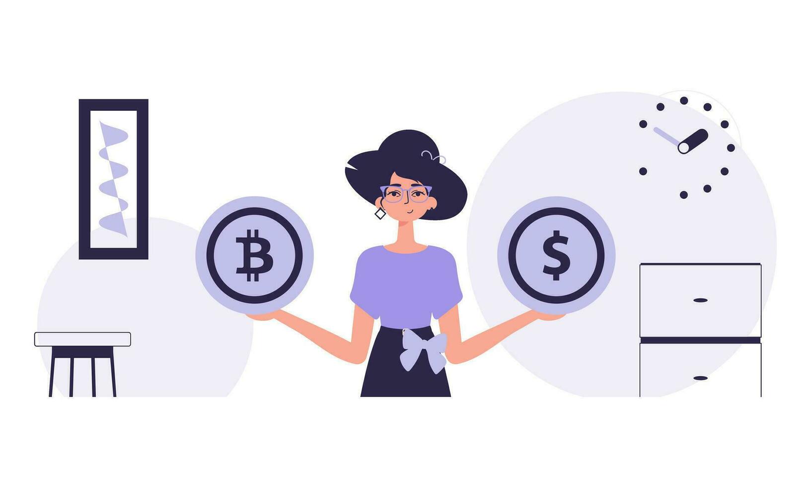 il concetto di estrazione e estrazione di bitcoin. un' donna detiene un' moneta di bitcoin e dollaro nel sua mani. personaggio nel di moda stile. vettore