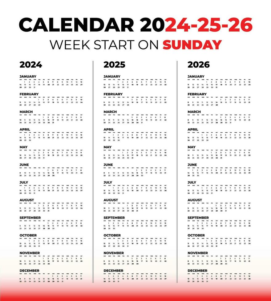 vettore calendario per 2024, 2025, 2026 su un' bianca sfondo. settimana inizio su Domenica