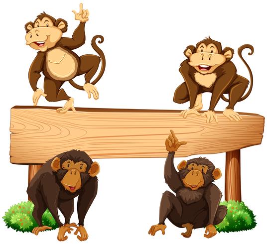 Quattro scimmie e segno di legno vettore