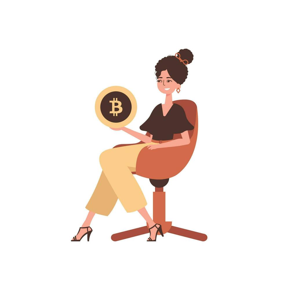 un' donna si siede nel un' sedia e detiene un' bitcoin nel il modulo di un' moneta nel sua mani. personaggio con un' moderno stile. vettore