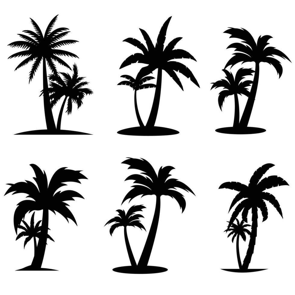 nero palma alberi impostato isolato su bianca sfondo. palma sagome. design di palma alberi per manifesti, striscioni, e promozionale Oggetti. vettore illustrazione. palma icona su bianca sfondo