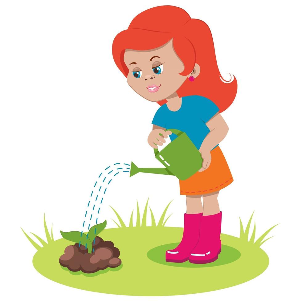 la ragazza sta innaffiando le piante del giardino da un annaffiatoio. il bambino si prende cura dei fiori. illustrazione vettoriale. vettore