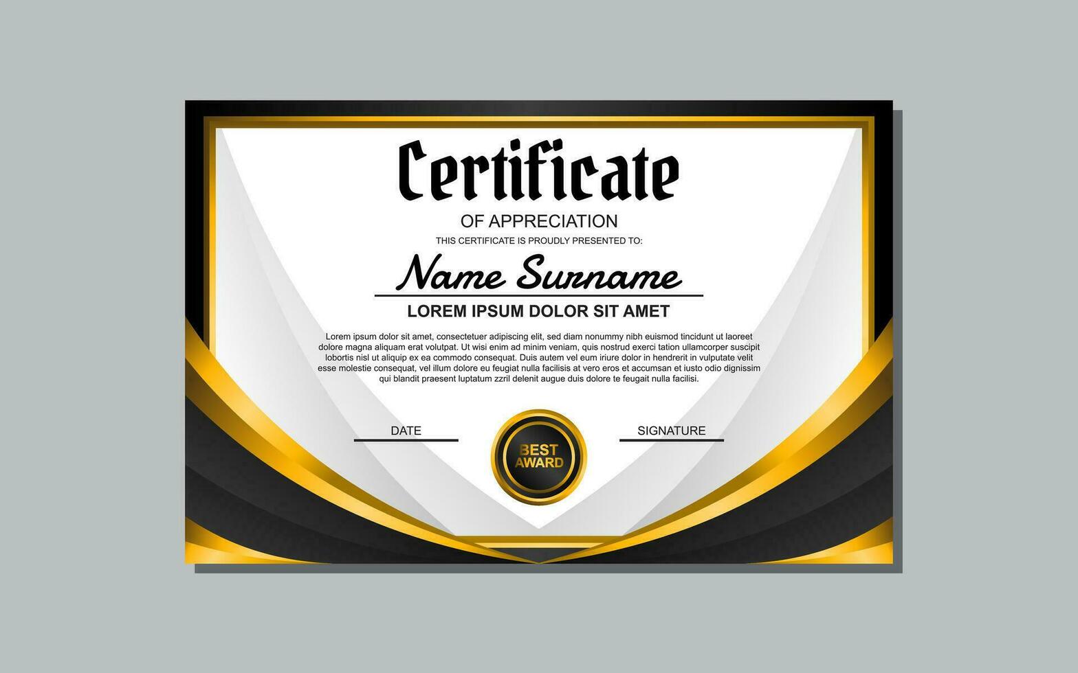 un' certificato modello con un' oro e nero design vettore