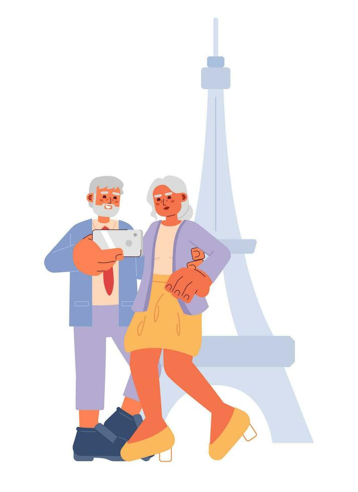 pensionato coppia viaggio cartone animato piatto illustrazione. pensionato pensionati assunzione autoscatto 2d personaggi isolato su bianca sfondo. vacanza anziano. anziano cittadini eiffel Torre scena vettore colore Immagine