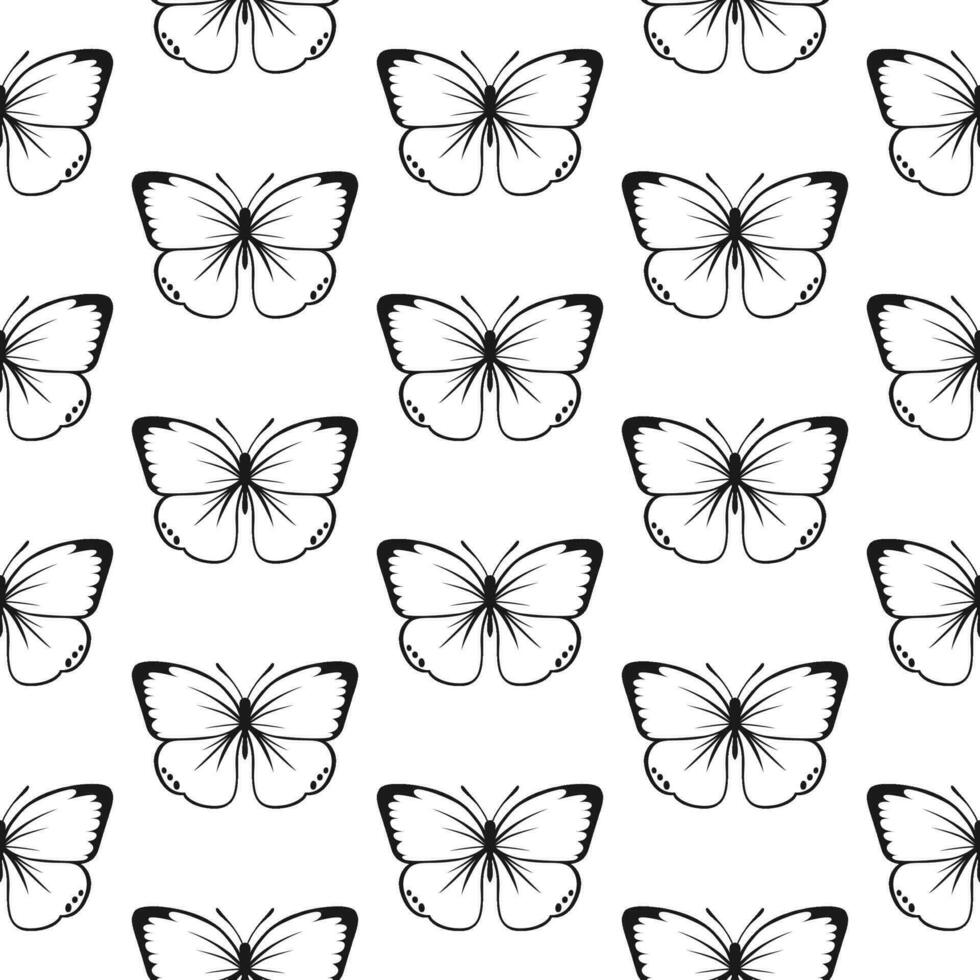 farfalla senza soluzione di continuità modello. decorativo volare insetto sfondo. nero e bianca botanico struttura vettore