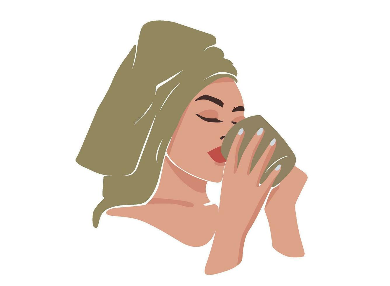 giovane donna con un' asciugamano su sua testa potabile caffè. mattina routine. vettore