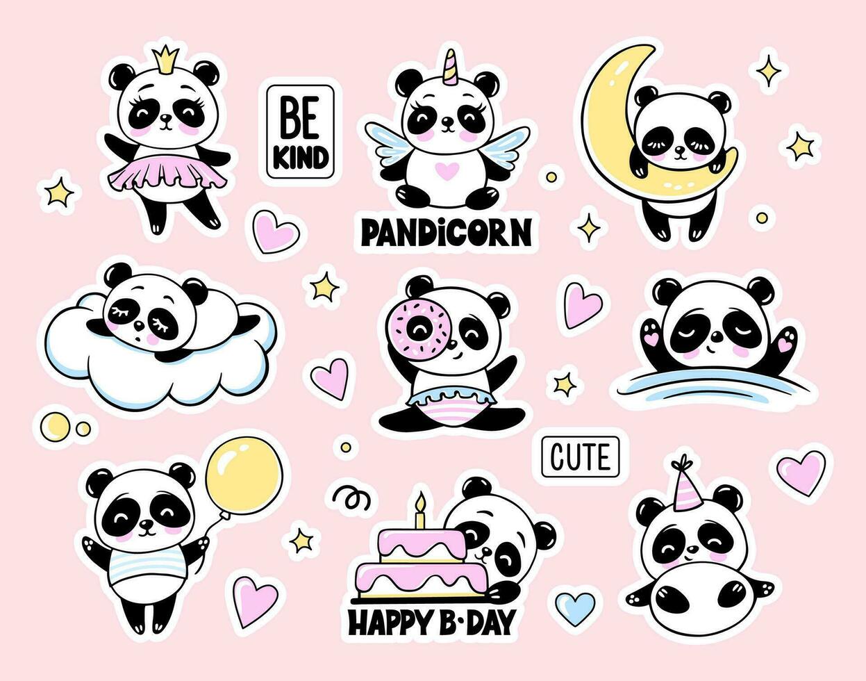 carino panda orso collezione. bambino animale scarabocchio illustrazioni impostato con contento compleanno torta, dormendo, unicorno, Principessa vettore