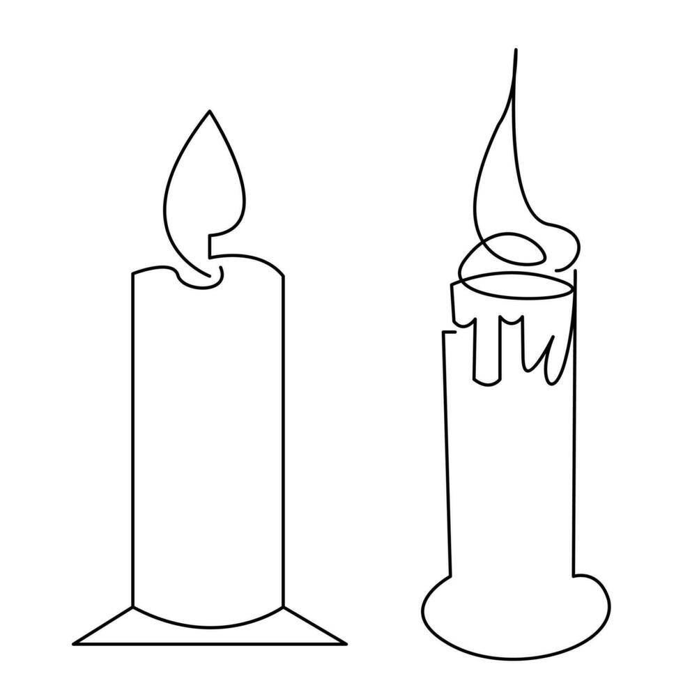 uno continuo linea disegno di candela illuminato e ardente fuoco e fusione candela leggero nel il buio nero schema vettore illustrazione design