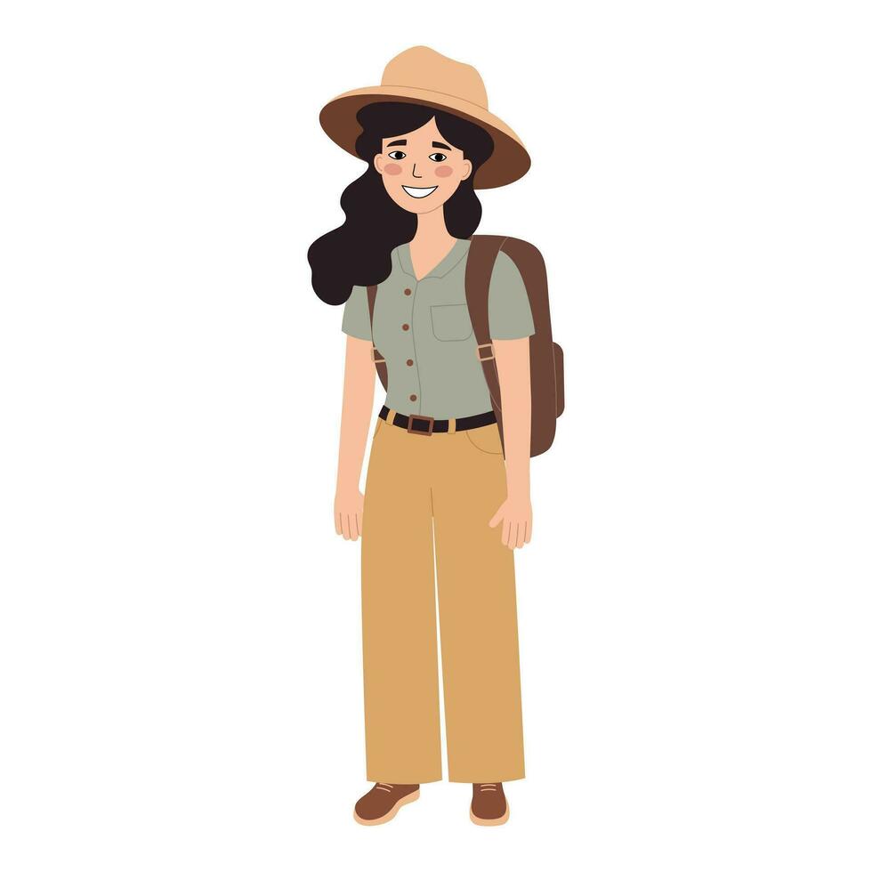 contento donna turista con zaino e cappello. viaggiatore, escursionista ragazza. in piedi posa. vettore piatto illustrazione isolato su bianca sfondo