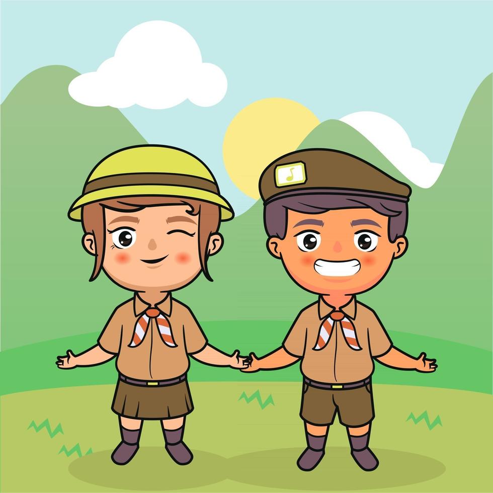 illustrazione dei bambini della coppia di scout indonesiani pramuka vettore