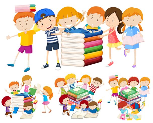 Gruppo di bambini e libro vettore
