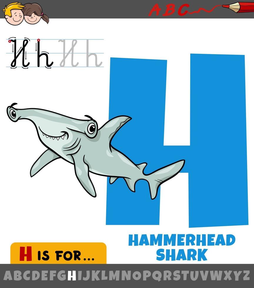 lettera h dell'alfabeto con squalo martello cartone animato vettore