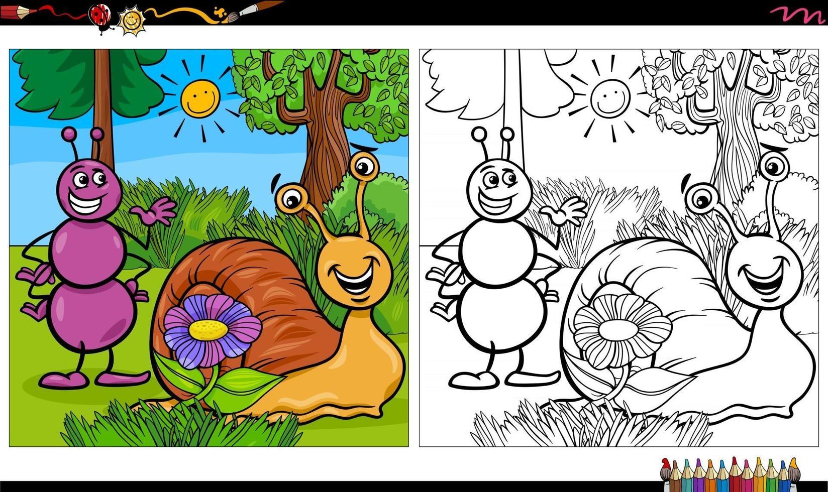 personaggi dei cartoni animati di formiche e lumache pagina del libro da colorare vettore