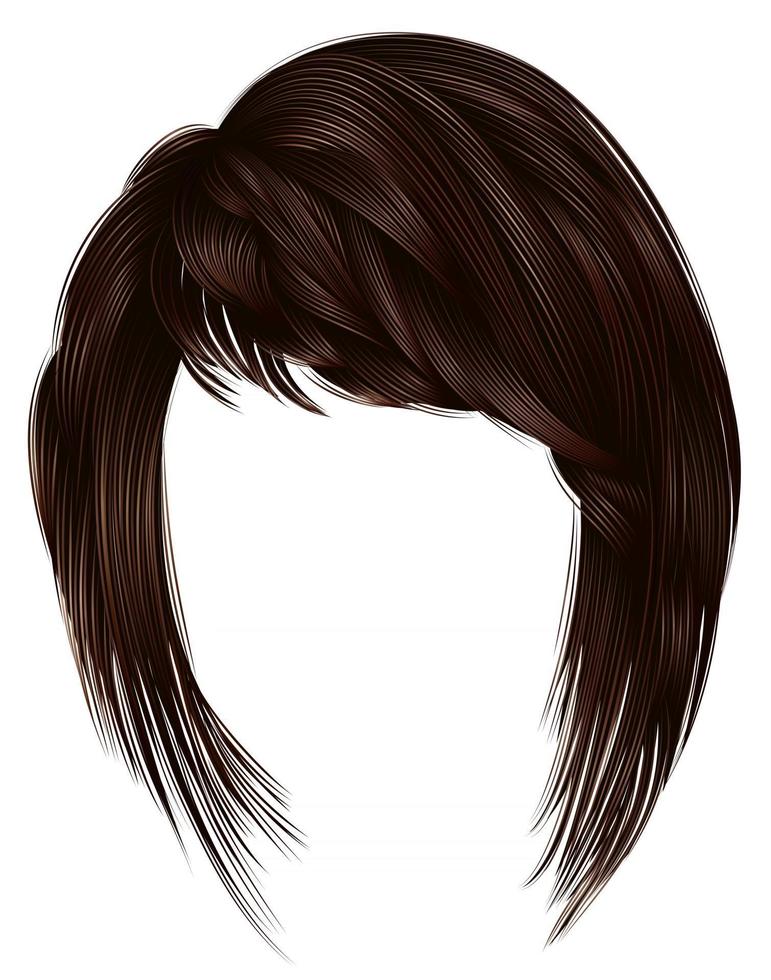 capelli donna alla moda kare con frangia. colore marrone scuro. lunghezza media . stile di bellezza. 3D realistico. vettore