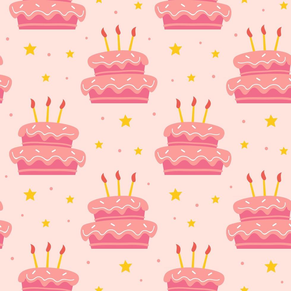 buon compleanno modello senza cuciture carino gustoso dolce torta con candele decorazione vacanza celebrazione panetteria vettore design infantile isolato su sfondo rosa