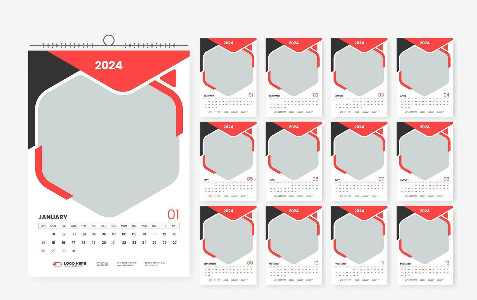 2024 parete calendario design modello, moderno Stampa pronto calendario disposizione modello vettore