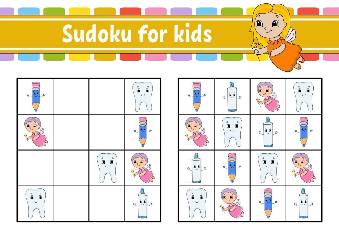 sudoku per bambini. foglio di lavoro per lo sviluppo dell'istruzione. pagina delle attività con immagini. gioco di puzzle per bambini. formazione al pensiero logico. illustrazione vettoriale isolato. personaggio divertente. stile cartone animato.